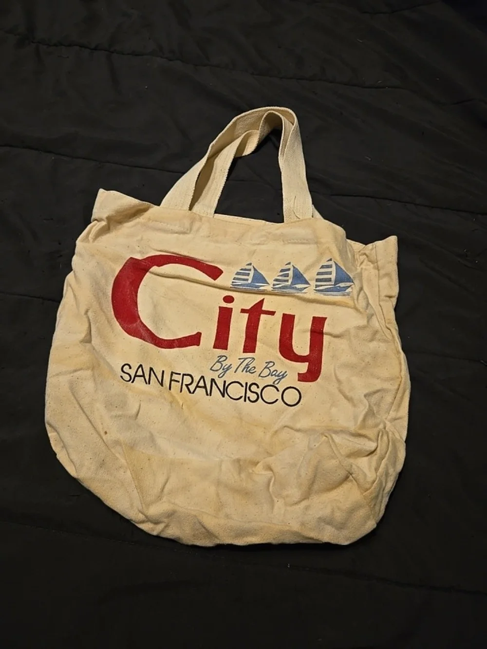 City By The Bay San Francisco Canvas Tote Bag - Cream with Red & Blue Print